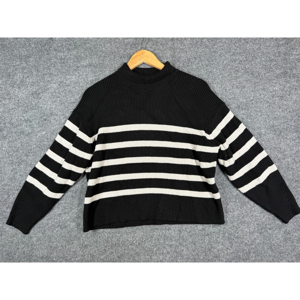 A New Day Cropped Sweater Women XL White Black Striped Raglan Sleeve Ribbed Knit